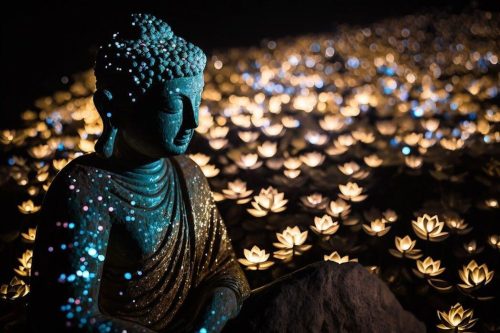Buddha csillogó virágok közt vászonkép