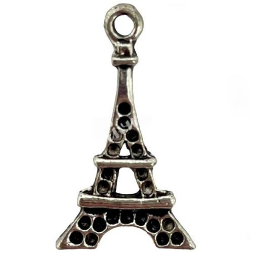 Strasszolható fémmedál, Eiffel-torony, platina, 13x2x24 mm, 10 db/csomag