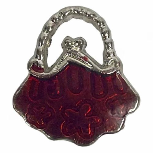 Fémmedál, táska, platina-piros, 1,5x1,6 cm