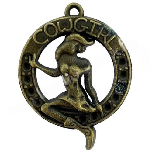 Strasszolható fémmedál, Cowgirl, antikréz, 25x3x33 mm, 5 db/csomag